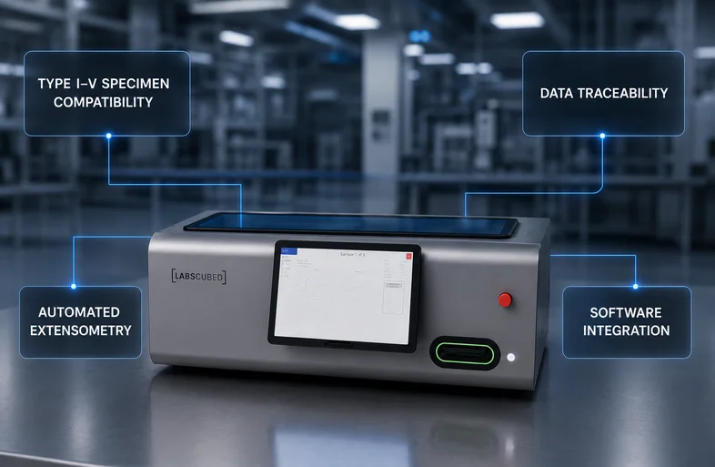 CubeTen robotic system running automated ASTM D638 tensile testing on a plastic specimen
