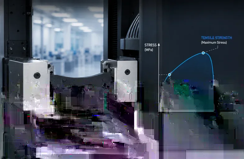Rubber tensile stress-strain curve marking tensile strength at maximum stress, with automated testing grips