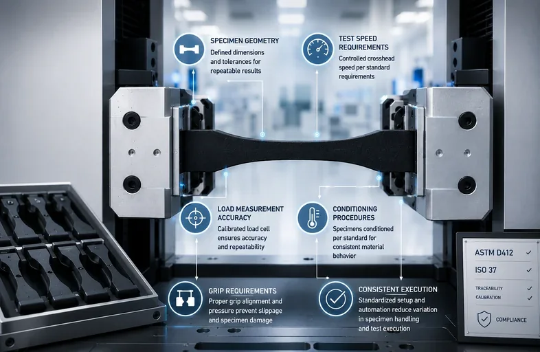 ASTM D412 and ISO 37 rubber tensile testing requirements: specimen geometry, grips, load accuracy, conditioning