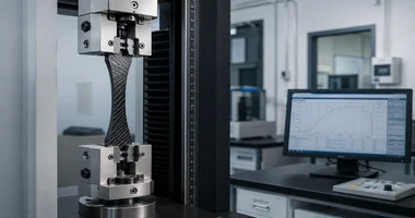 Tensile test of composite materials - carbon fibre specimen clamped in tensile grips in a materials testing lab