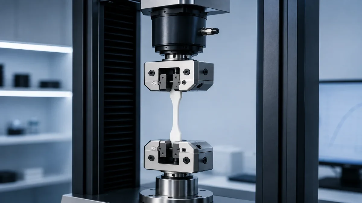 Universal testing machine pulling a white plastic dumbbell specimen in wedge grips during a tensile test