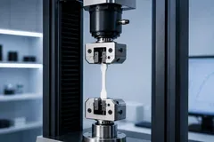 Universal testing machine with a necked plastic dumbbell specimen held in wedge grips