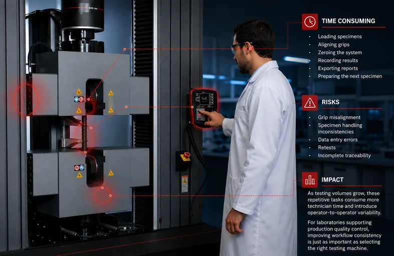 Lab automation robotics system testing plastics and rubber specimens in a QA lab
