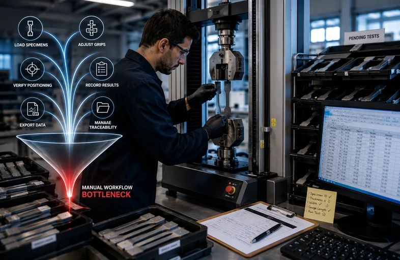 Manual tensile testing bottleneck in a plastics and rubber QA lab that materials testing automation removes