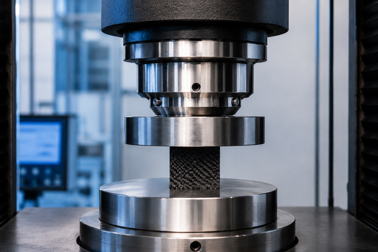 Compression testing of a polymer specimen in polymer mechanical testing