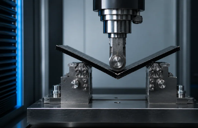 Flexural bend testing of a polymer bar in polymer mechanical testing
