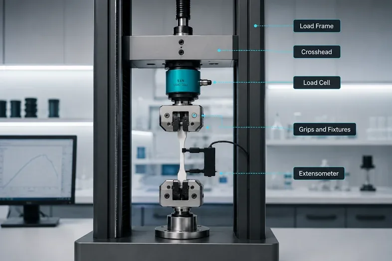 Universal testing machine diagram labelling load frame, crosshead, load cell, grips and extensometer