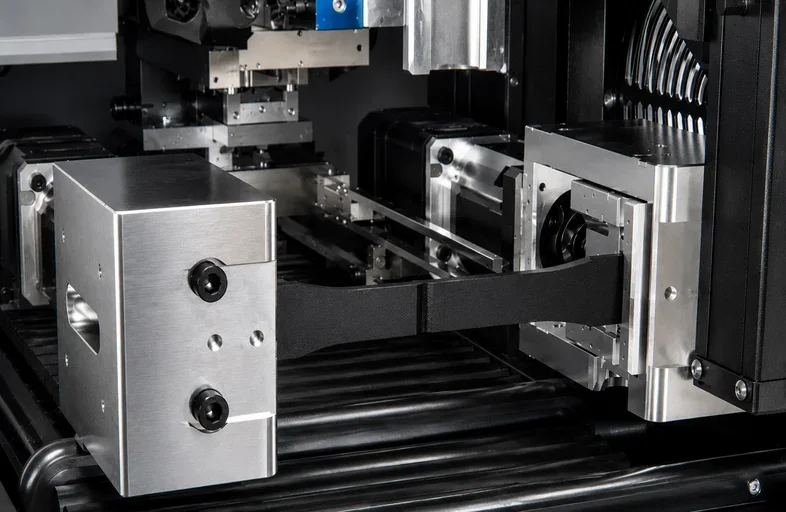 Universal testing machine tensile test with a dark composite coupon clamped between wedge grips