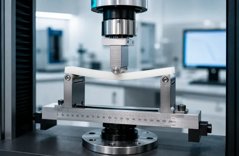 Universal testing machine three-point bend fixture flexing a white plastic bar over a span scale