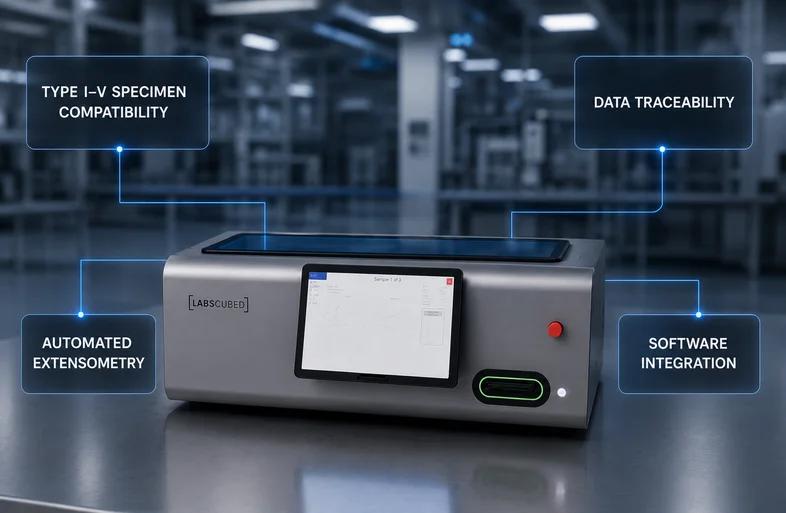 CubeTen robotic system running automated ASTM D638 tensile testing on a plastic specimen