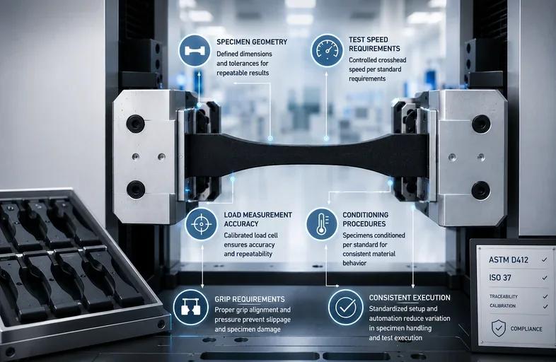 ASTM D412 and ISO 37 rubber tensile testing requirements: specimen geometry, grips, load accuracy, conditioning