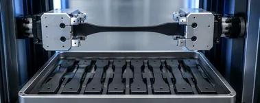 Automated rubber tensile testing machine holding a rubber dumbbell specimen above a tray of specimens