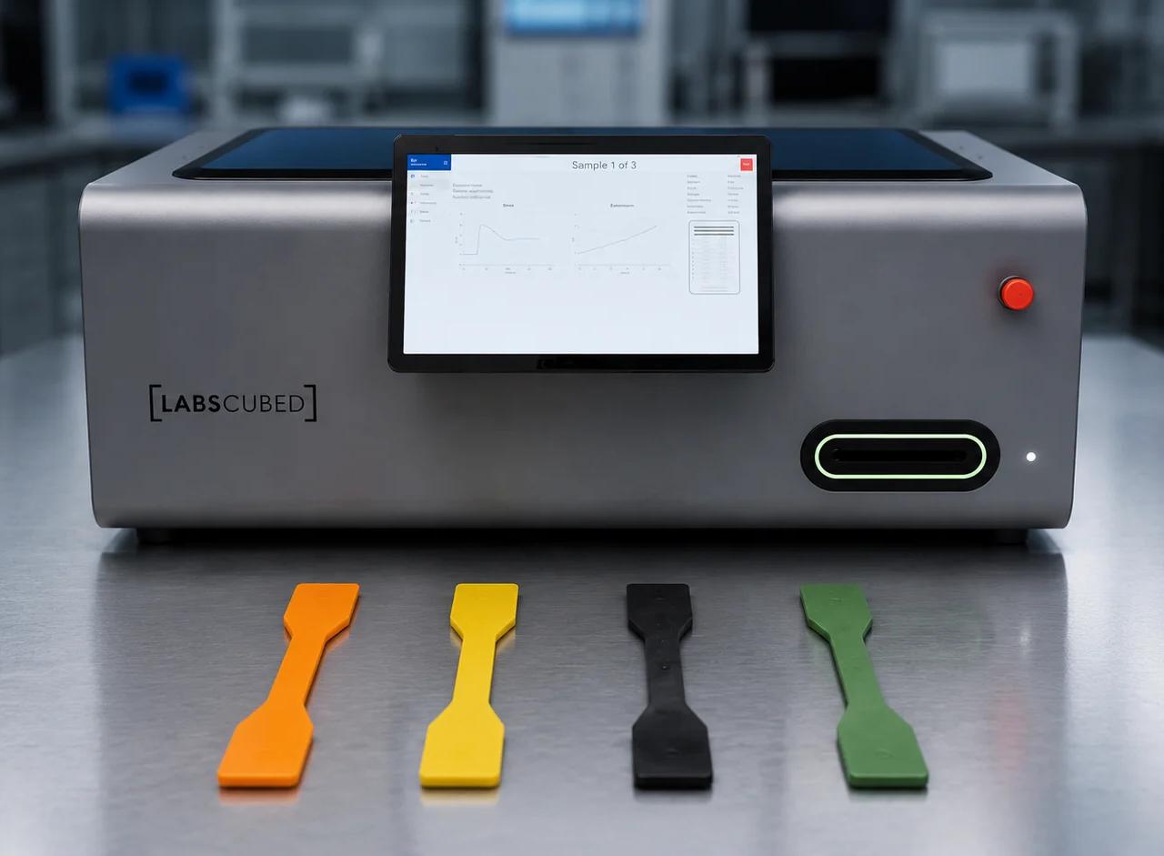 Automated CubeTen plastics tensile testing equipment loading and gripping a specimen