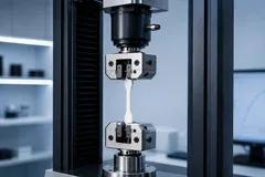 Universal testing machine with a necked plastic dumbbell specimen held in wedge grips