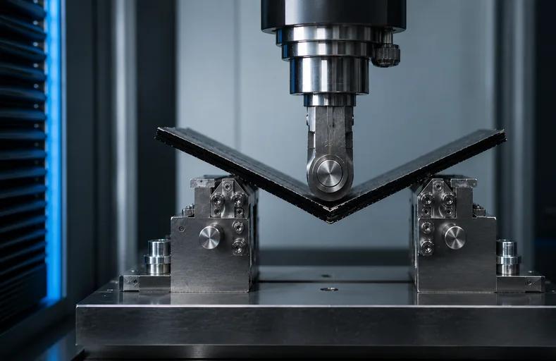 Flexural bend testing of a polymer bar in polymer mechanical testing