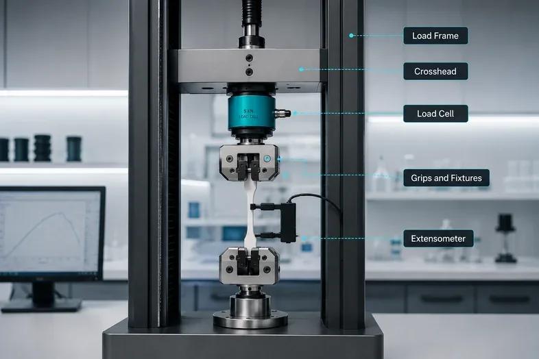 Universal testing machine diagram labelling load frame, crosshead, load cell, grips and extensometer